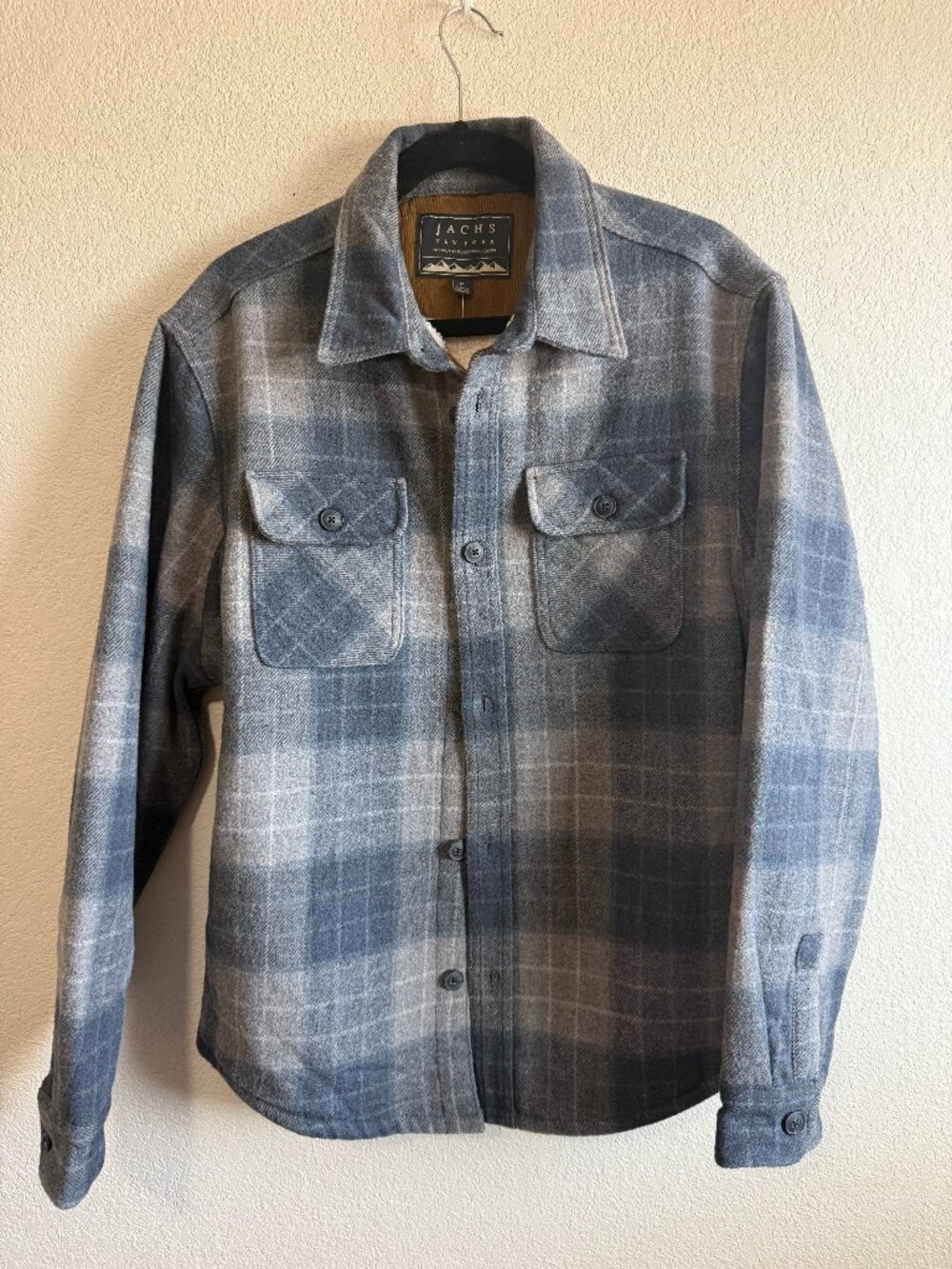Jachs New York Men's Blue Gray Plaid Wool Blend Sherpa Lined Jacket Medium